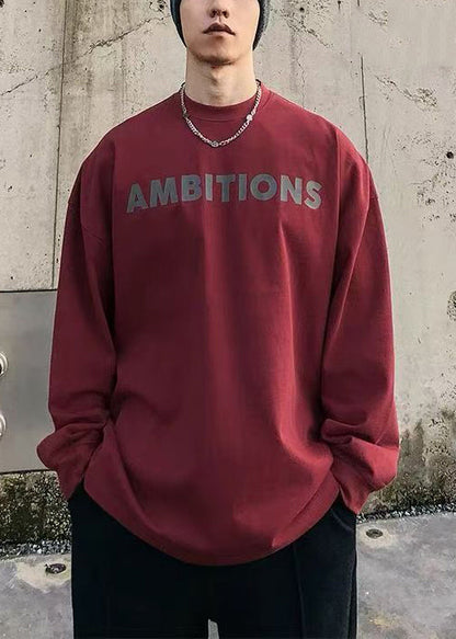 O-Neck Shirt Letter Spring Cotton T Mens Solid Simple Red