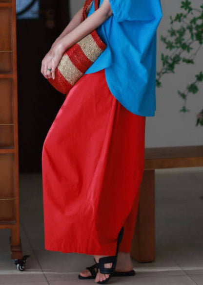 Pants Elastic Red Simple Wide Cotton Leg Waist Pockets Summer