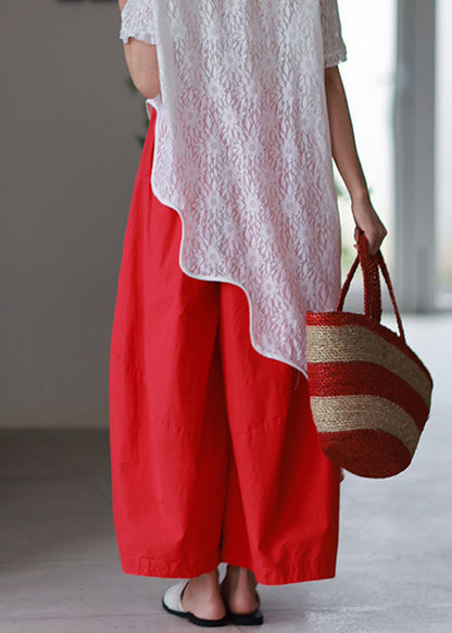 Pants Elastic Red Simple Wide Cotton Leg Waist Pockets Summer