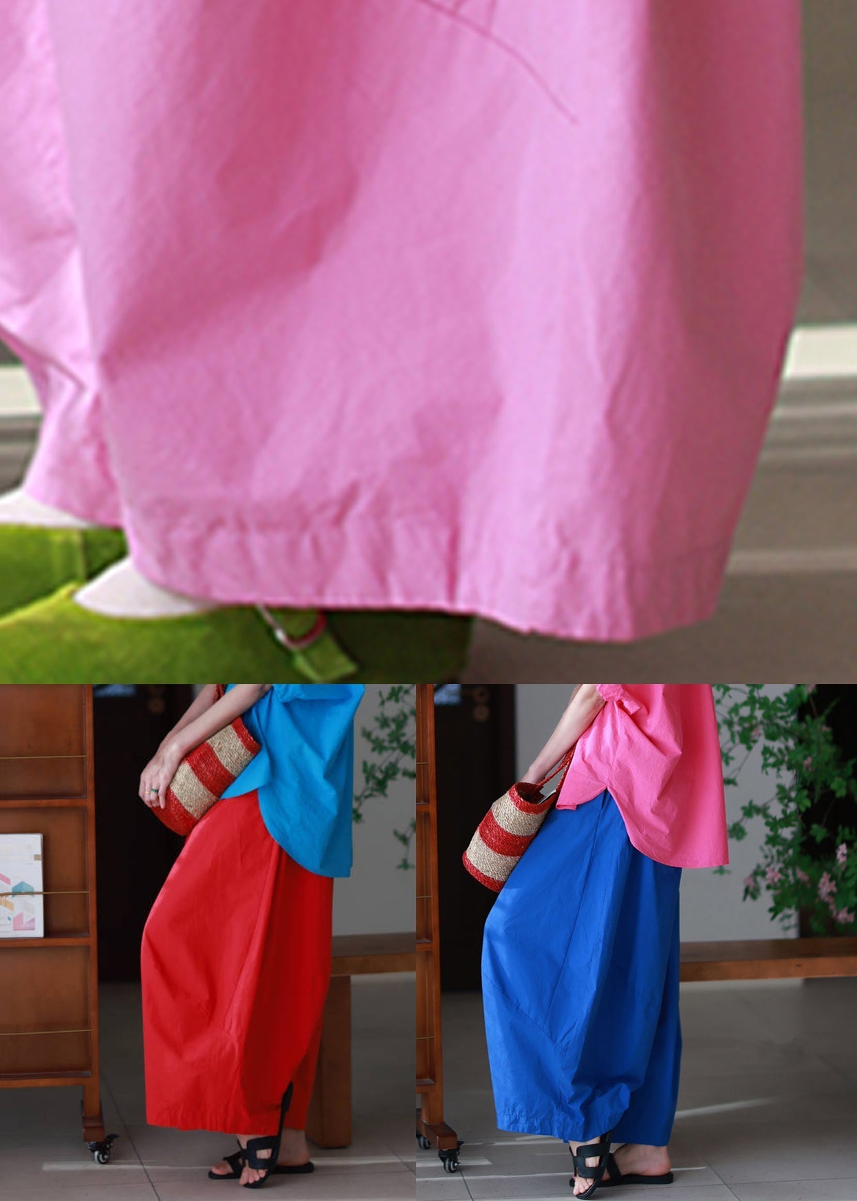 Pants Elastic Red Simple Wide Cotton Leg Waist Pockets Summer
