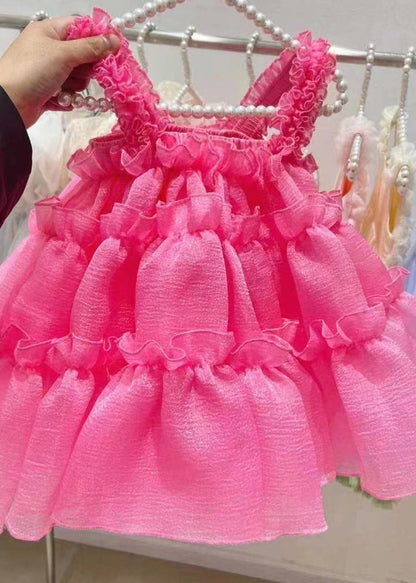 Einfaches rotes Chiffon-Kleid mit quadratischem Kragen und Shorts für Kinder, zweiteiliges Set für den Sommer EW027