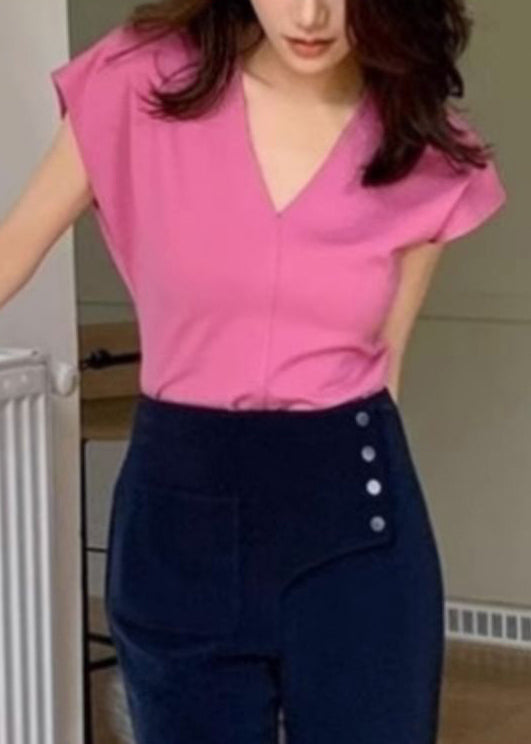 Neck Summer T V Shirts Cotton Rose Solid Simple