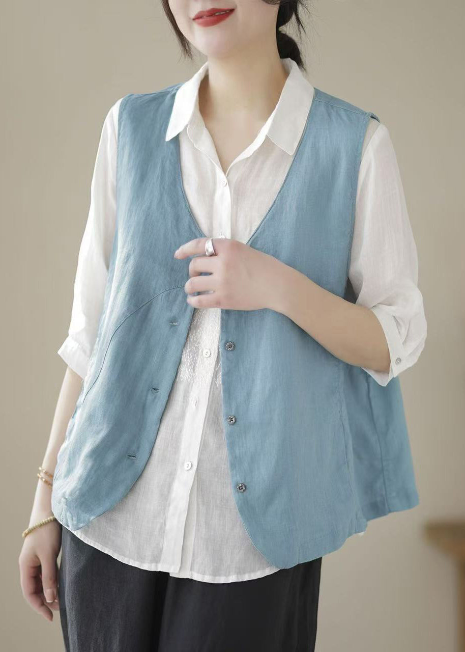 Neck Sleeveless Cotton Blue Sky Simple V Waistcoat Button