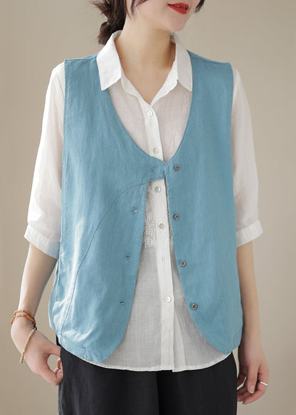 Neck Sleeveless Cotton Blue Sky Simple V Waistcoat Button