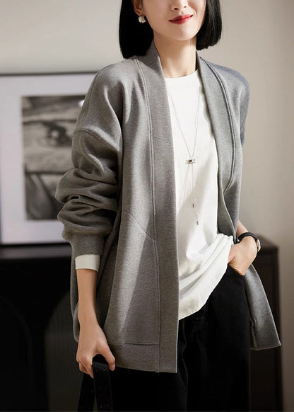 Simple Style Grey V Neck Pockets Cotton Cardigans Spring TJ031