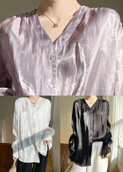 Simple White Button Solid Silk Shirts Fall AB1019