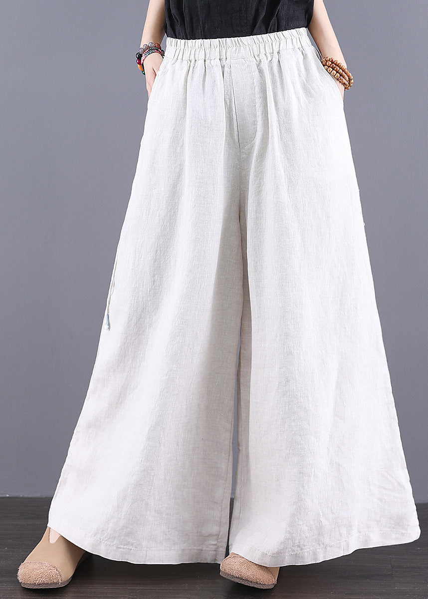 Summer Waist Simple Elastic Straight Trousers Linen Pants White