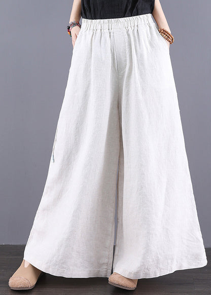 Summer Waist Simple Elastic Straight Trousers Linen Pants White