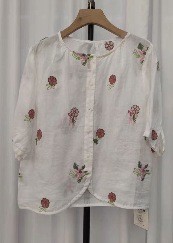 Embroidered White Linen Sleeve Simple Half Shirt
