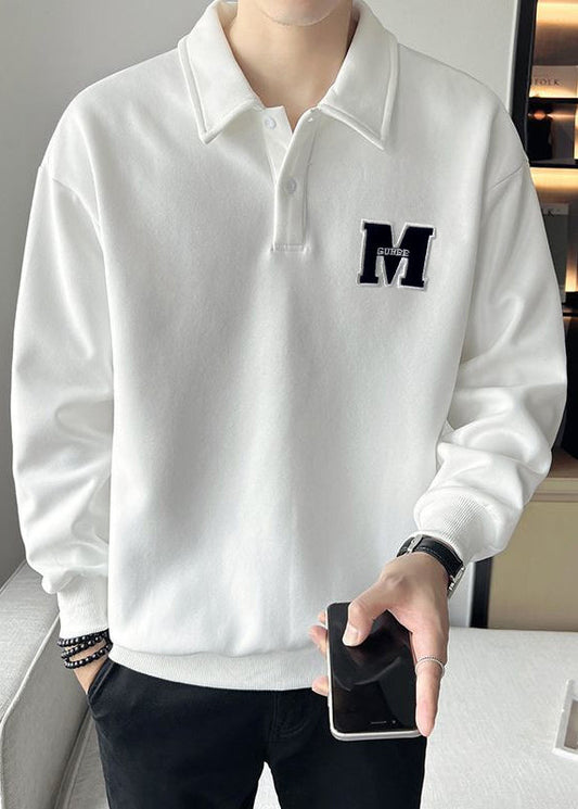 TC022 Men Sweatshirt Warm Spring Button Simple White Embroideried Fleece