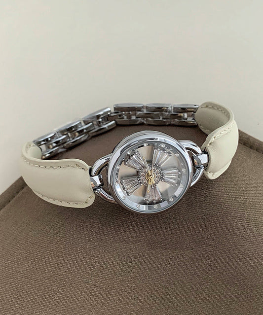 Simple Crystal Hardlex Zircon Leather White Watches