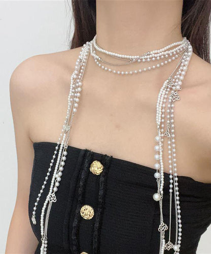 Simple White Metal Pearl Tassel Multilayer Gratuated Bead Necklace WO006