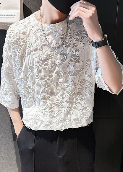 T Cotton Shirt Ripped Men Simple Summer Oversized White