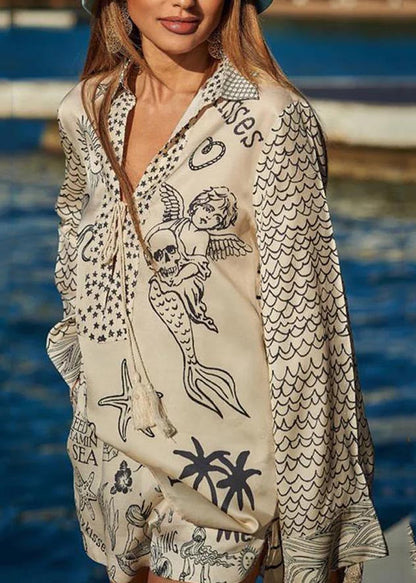 White Silk Two Oversized Set Summer Ice Print Simple Pieces