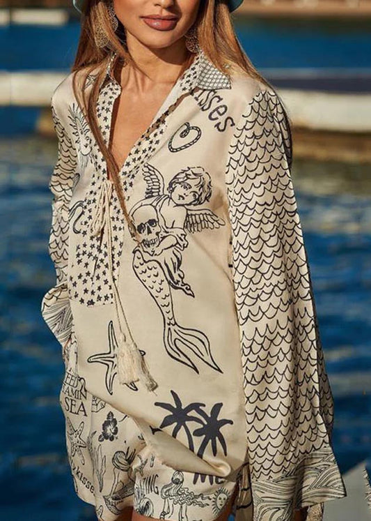 White Silk Two Oversized Set Summer Ice Print Simple Pieces