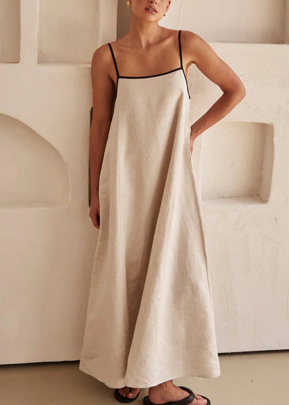 Long Simple Sleeveless White Strap Patchwork Spaghetti Dress