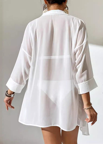 Simple White Peter Pan Collar Patchwork Button Chiffon Shirts Summer VC039