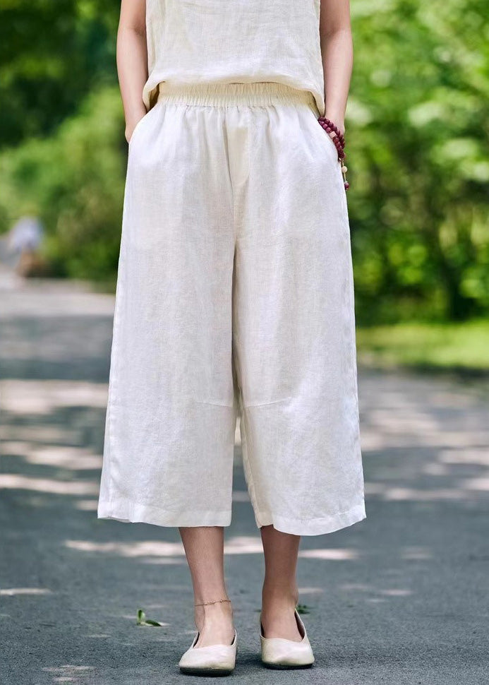 White Waist Crop Summer Linen Pants Simple Pockets Elastic