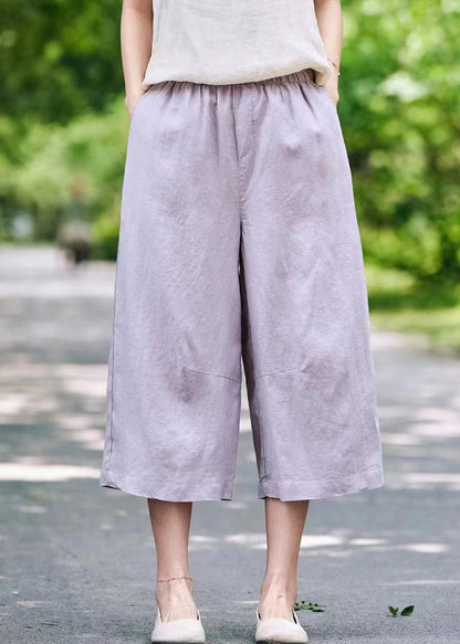White Waist Crop Summer Linen Pants Simple Pockets Elastic