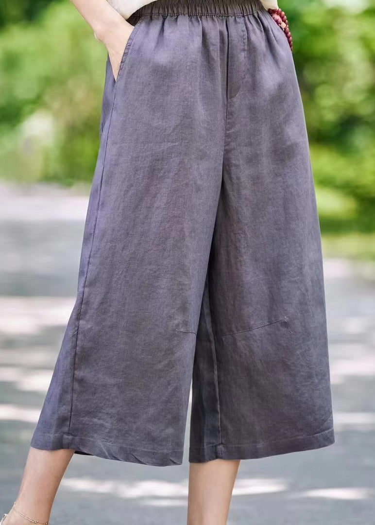 White Waist Crop Summer Linen Pants Simple Pockets Elastic