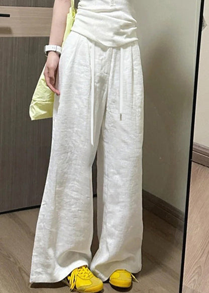 White Pockets Elastic Waist Pants Simple Fall Linen