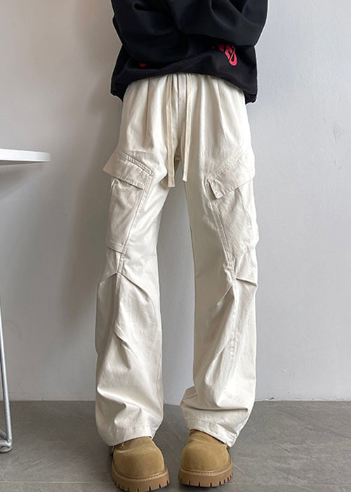 Waist Pants Men Elastic White Lace Pockets Up Cotton Simple