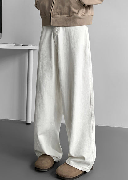 Wide Mens Leg Simple Pockets Fall Pants White Denim Solid