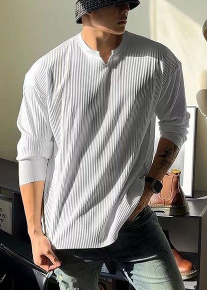 Spring Shirt Cotton V Neck T Solid Men Simple White