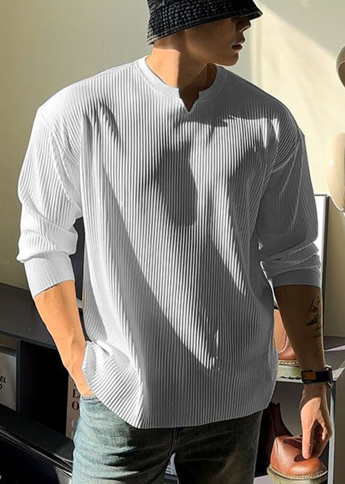 Spring Shirt Cotton V Neck T Solid Men Simple White