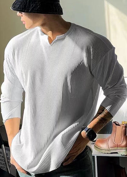 Spring Shirt Cotton V Neck T Solid Men Simple White