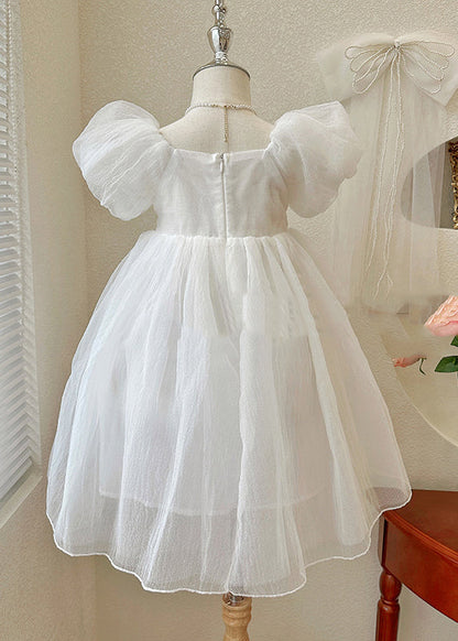 Simple White Square Collar Patchwork Tulle Girls Vacation Long Dresses Summer XZ043