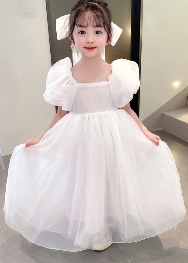 Simple White Square Collar Patchwork Tulle Girls Vacation Long Dresses Summer XZ043