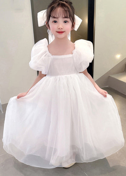 Simple White Square Collar Patchwork Tulle Girls Vacation Long Dresses Summer XZ043