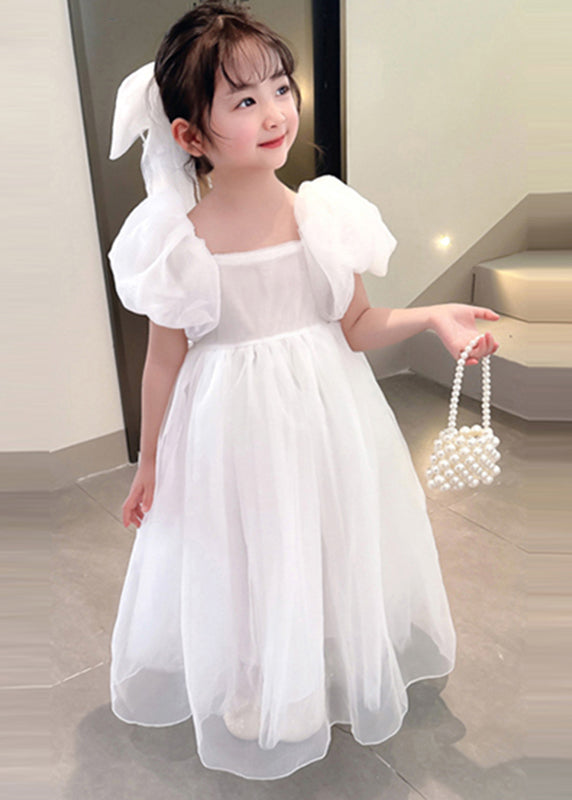 Simple White Square Collar Patchwork Tulle Girls Vacation Long Dresses Summer XZ043