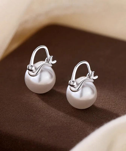 Earrings Pearl White Silver Hoop Simple Sterling