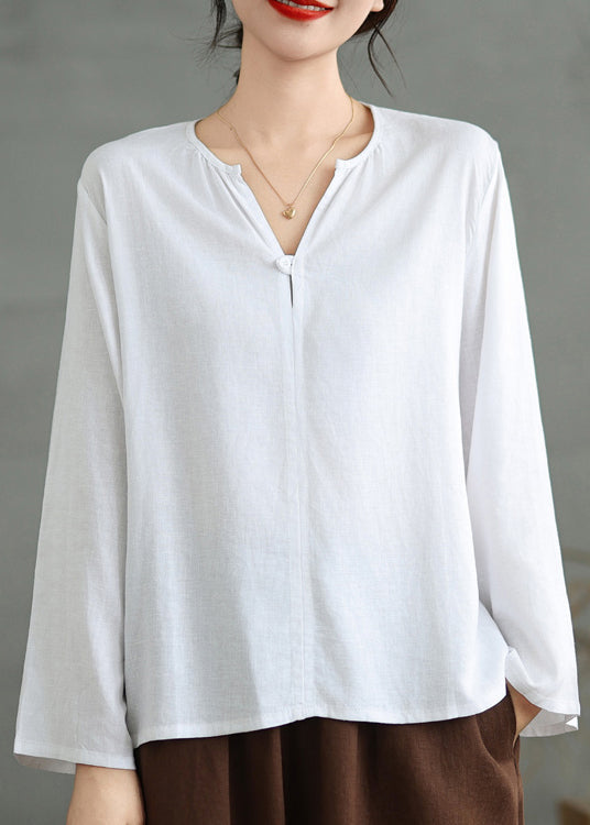 Simple White V Neck Loose Cotton T Shirts Top Fall OO032