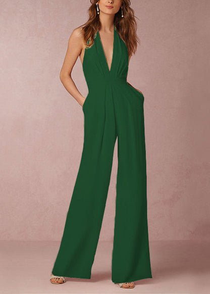 Sleeveless Backless Pockets White Neck V Simple Jumpsuit Cotton