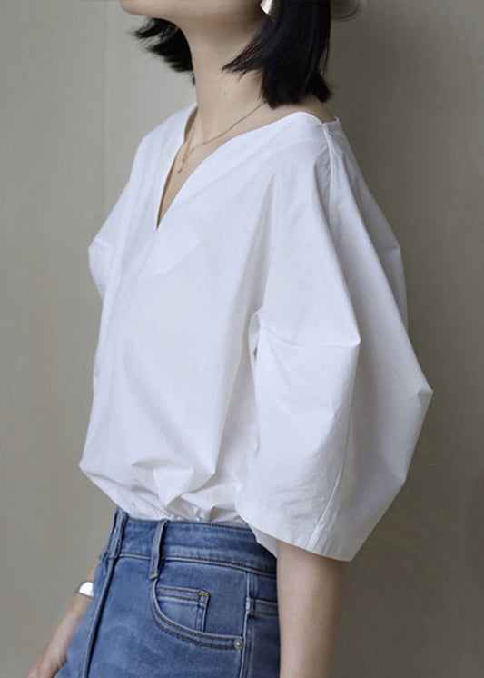 Cotton Solid Half Sleeve V Simple Shirt White Neck