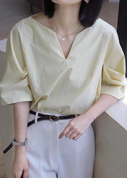 Cotton Solid Half Sleeve V Simple Shirt White Neck