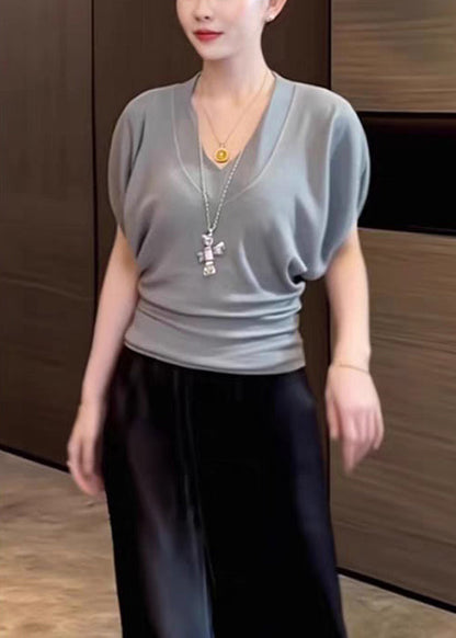 Summer T V Neck White Cotton Simple Solid Shirt