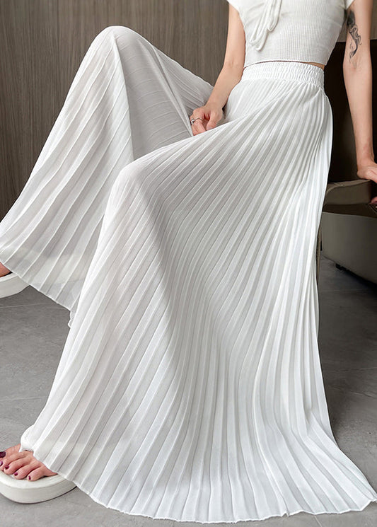 Pants Waist Elastic Simple Wrinkled White Summer Chiffon