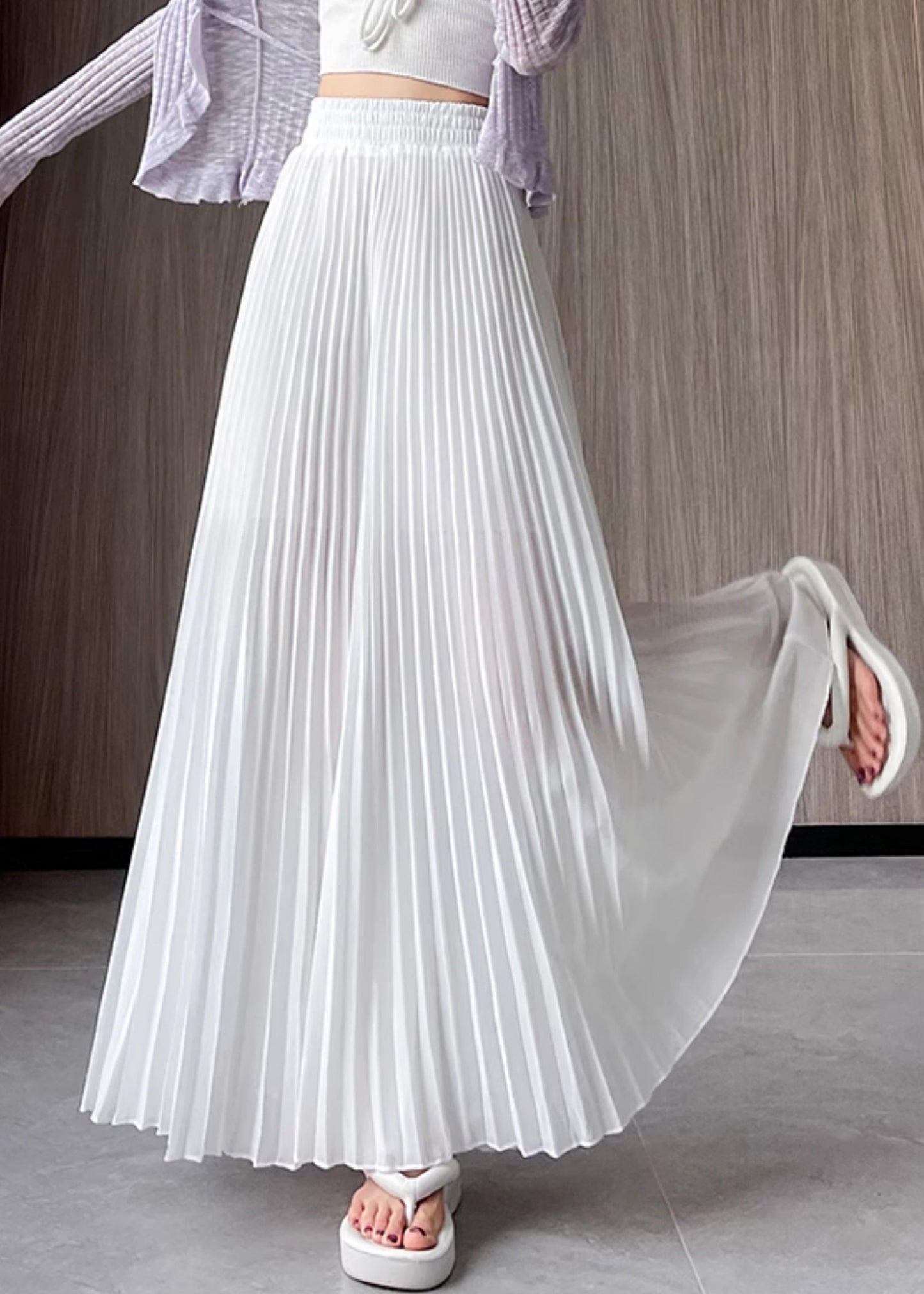 Pants Waist Elastic Simple Wrinkled White Summer Chiffon