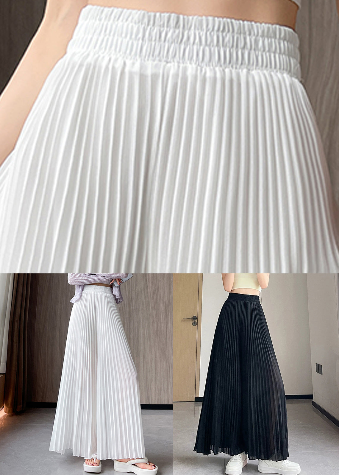 Pants Waist Elastic Simple Wrinkled White Summer Chiffon