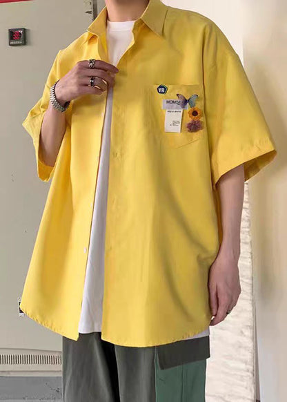 Half Cotton Men Pockets Simple Button Yellow Shirts Sleeve