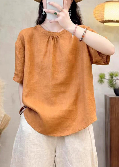 O Summer Solid Neck Cotton Yellow Simple Shirt