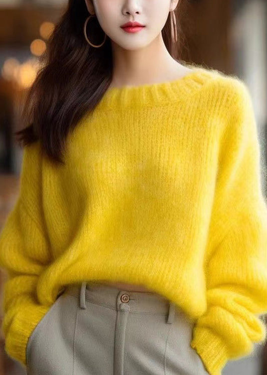 Simple Yellow O Neck Solid Knit Sweater Winter WX027