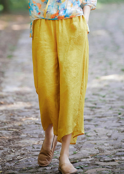 Crop Summer Yellow Elastic Pockets Simple Linen Waist Pantss