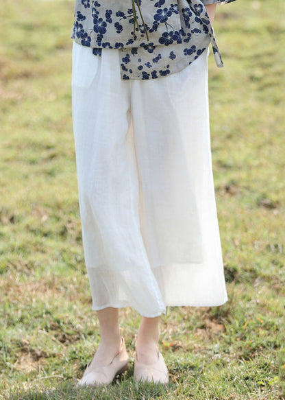 Waist Yellow Simple Linen Summer Elastic Crop Pantss Pockets