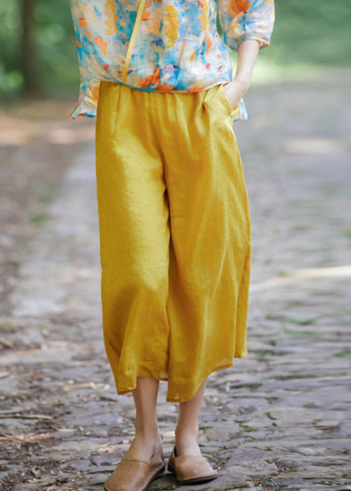 Waist Yellow Simple Linen Summer Elastic Crop Pantss Pockets