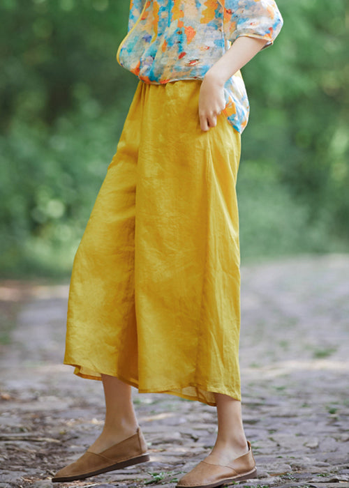 Crop Summer Yellow Elastic Pockets Simple Linen Waist Pantss